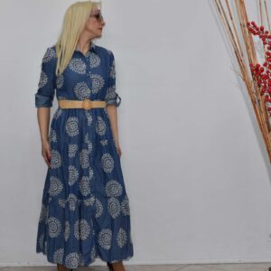 Γυναικείο τζιν φόρεμα με γιακά κεντημένο  μεσάτο σχέδιο μακρύ