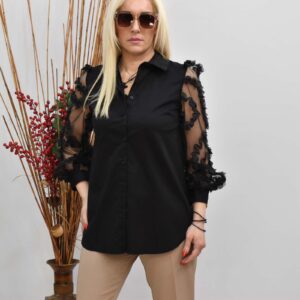 Μαύρο πουκάμισο γυναικείο με διάφανα μανίκια