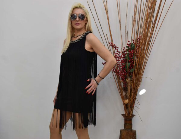 Μίνι γυναικείο μαύρο βραδινό φόρεμα  με κρόσσια