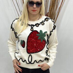 Γυναικεία μπλούζα με σχέδιο φράουλα με παγιέτα