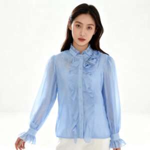 Γυναικείο γαλάζιο σιθρού πουκάμισο με βολάν στο μπούστο W31884.CIEL.1 New collection