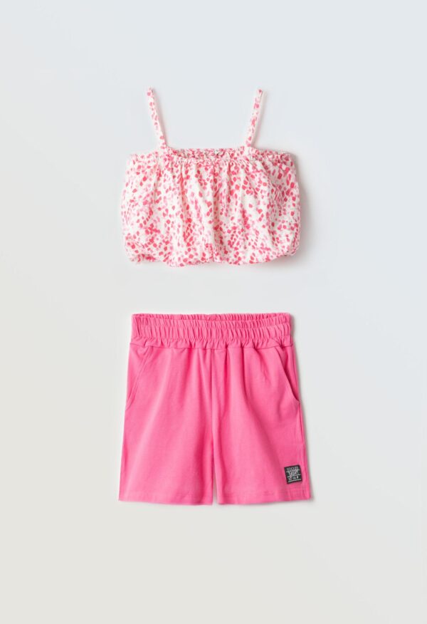 Crop top μπλούζα  pink με σορτς για κορίτσια 6-16 ετών Εβίτα