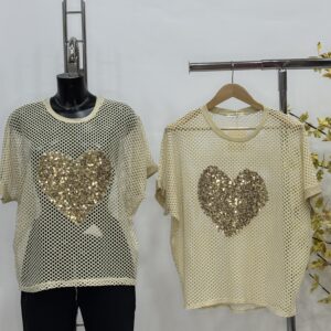 Γυναικεία μπλούζα δίχτυ με καρδιά παγιέτας