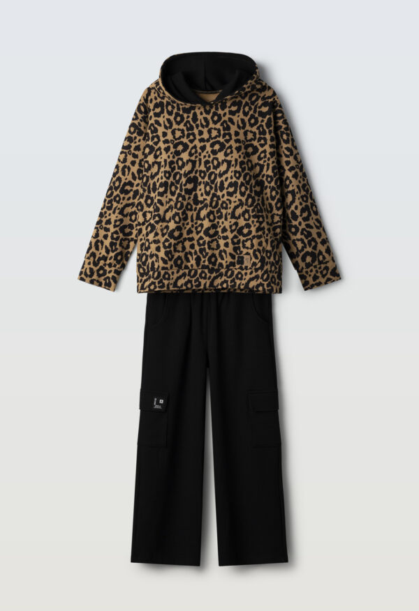 Σετ για κορίτσι animal print μπλούζα με κουκούλα και μαύρη παντελόνα cargo 6-16 ετών-Εβίτα