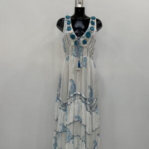 Φόρεμα γυναικείο μακρύ με V και βολάν