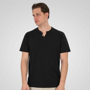 TS-9139	Men's T-Shirt Henley V-Neck with Buttons 100% Cotton Double Black