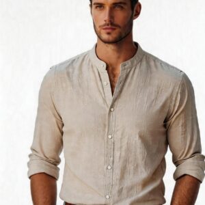 261RGS-5172 Men's Linen Shirts with Mao Collar and Long Sleeves Beige 55% Linen 45% Cotton Rebase